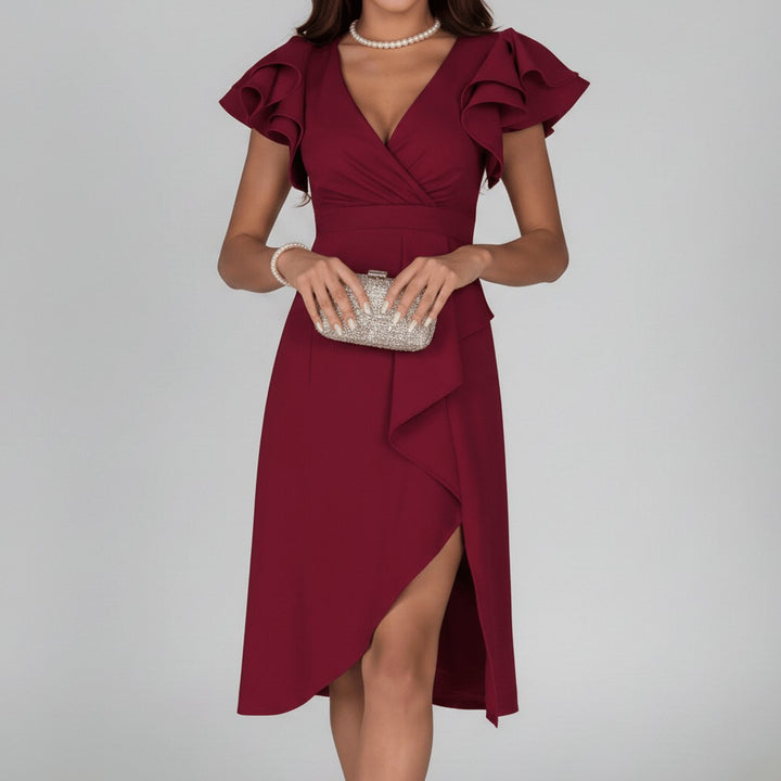 Women's Elegant Ruffle-Sleeve V-Neck Wrap Bride Dress - Deep Red
