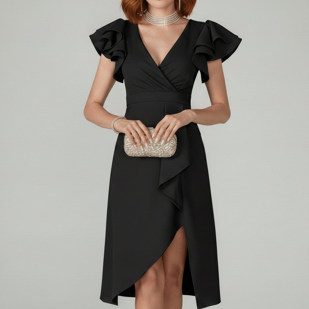 Women's Elegant Ruffle-Sleeve V-Neck Wrap Bride Dress - Classic Black
