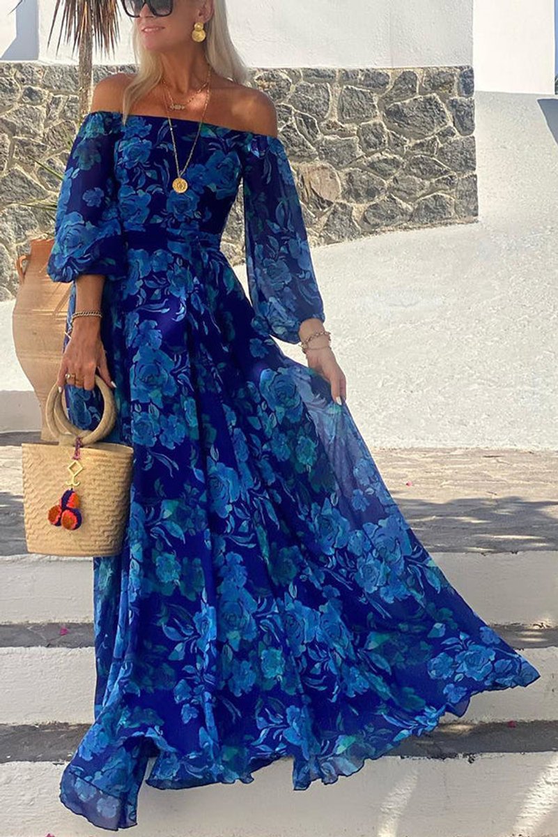 Women's Floral Off-Shoulder Maxi Bride Dress Wedding Guest Evening - Blue