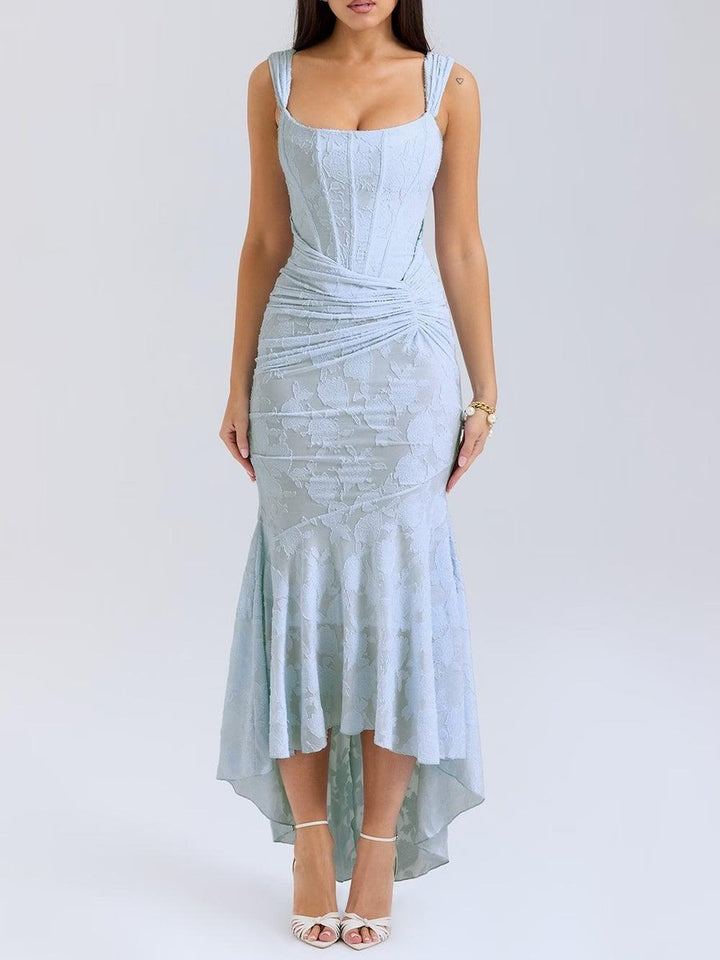 Women's Jacquard Lace Corset Bride Dress Ruched Mermaid Hem - Blue