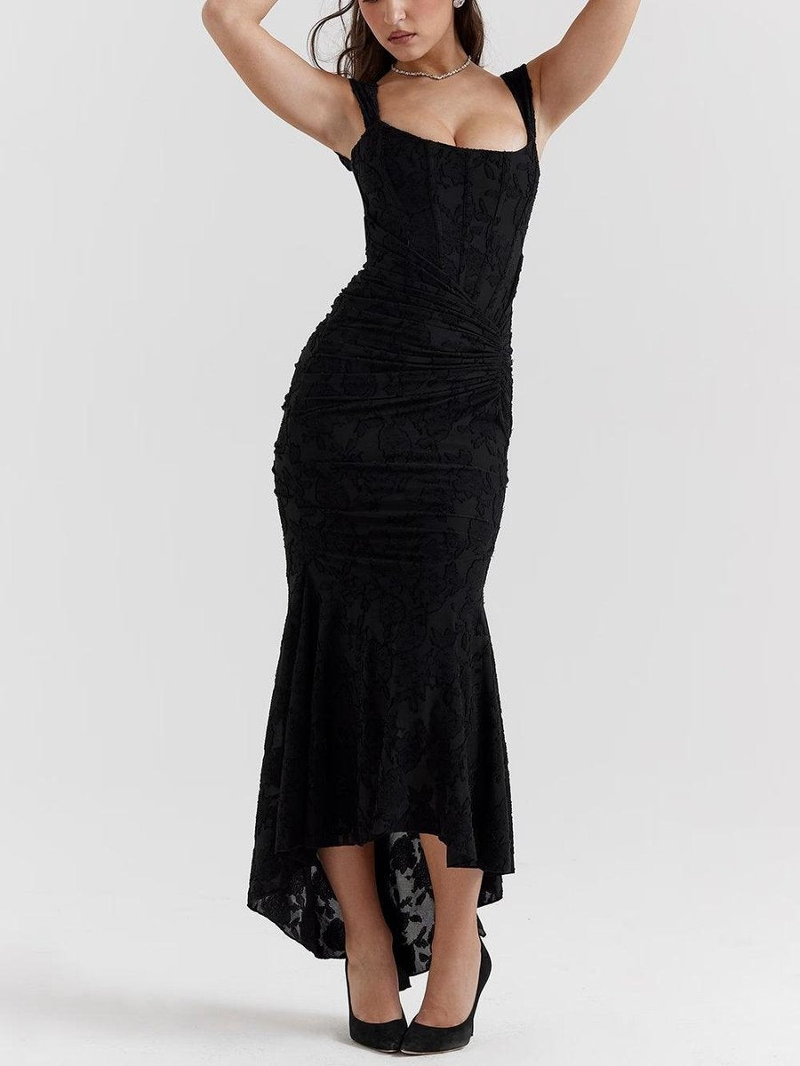 Women's Jacquard Lace Corset Bride Dress Ruched Mermaid Hem - Black