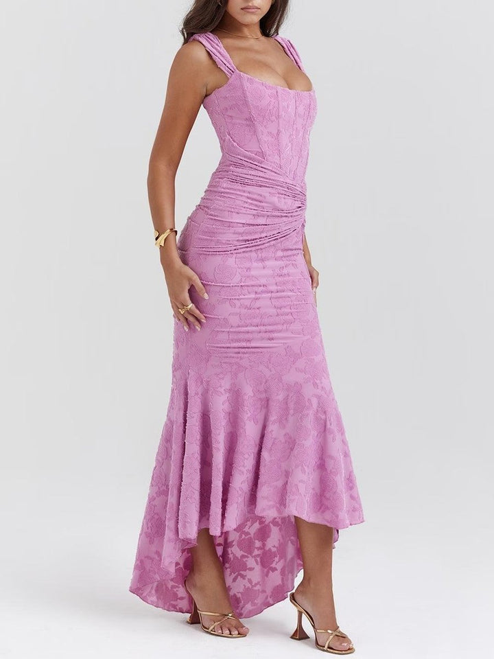 Women's Jacquard Lace Corset Bride Dress Ruched Mermaid Hem - Purple-1