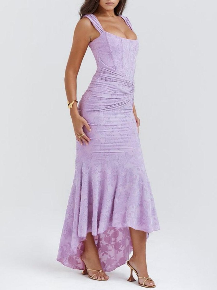 Women's Jacquard Lace Corset Bride Dress Ruched Mermaid Hem - Purple-2
