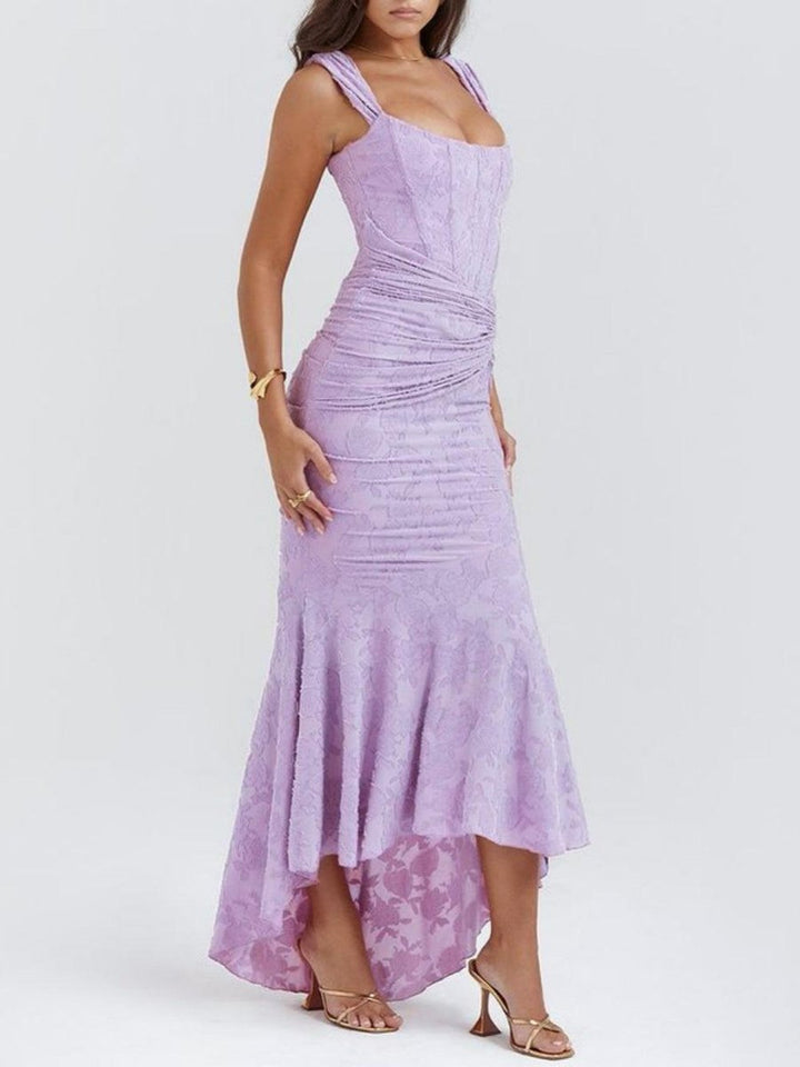 Women's Jacquard Lace Corset Bride Dress Ruched Mermaid Hem - Purple-2