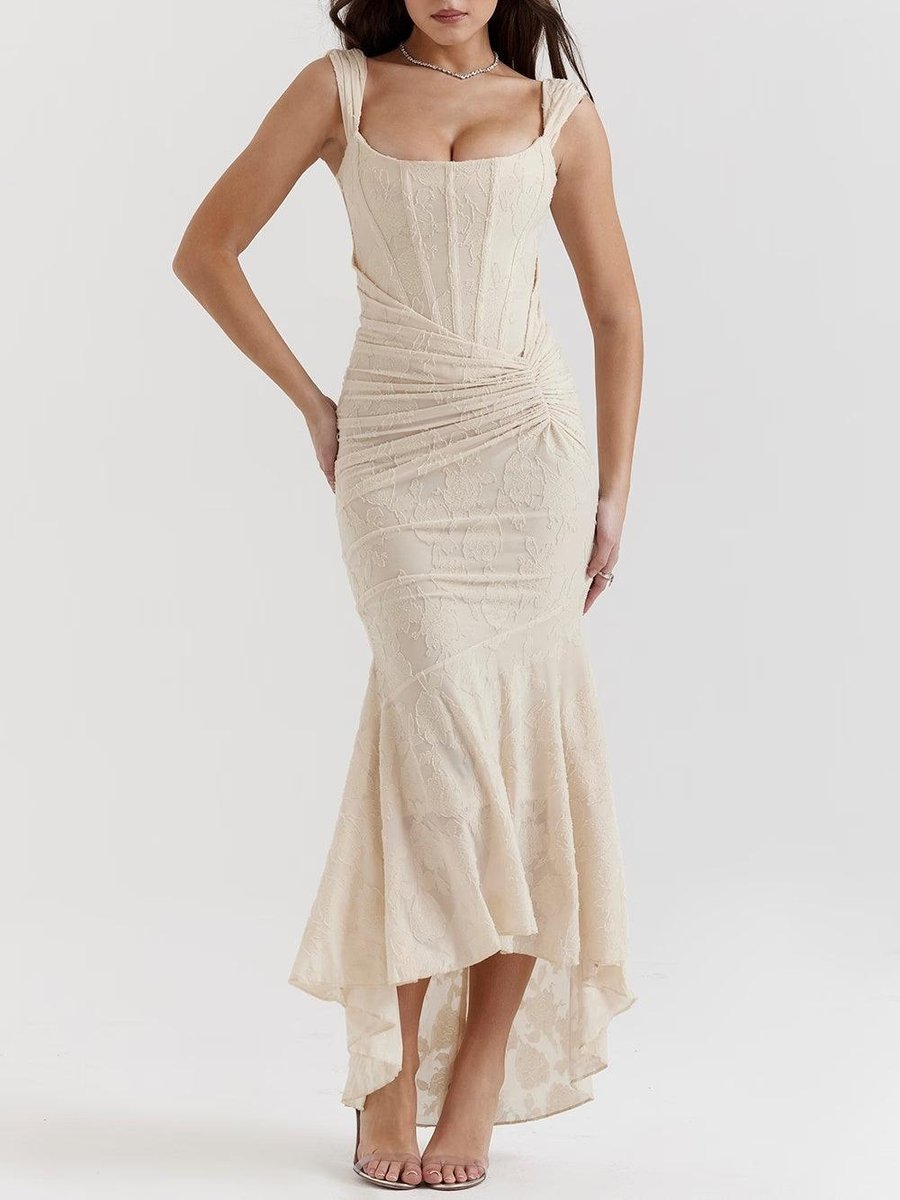 Women's Jacquard Lace Corset Bride Dress Ruched Mermaid Hem