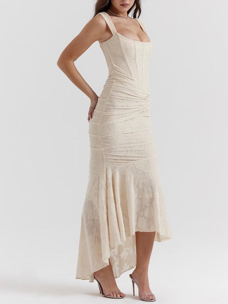 Women's Jacquard Lace Corset Bride Dress Ruched Mermaid Hem