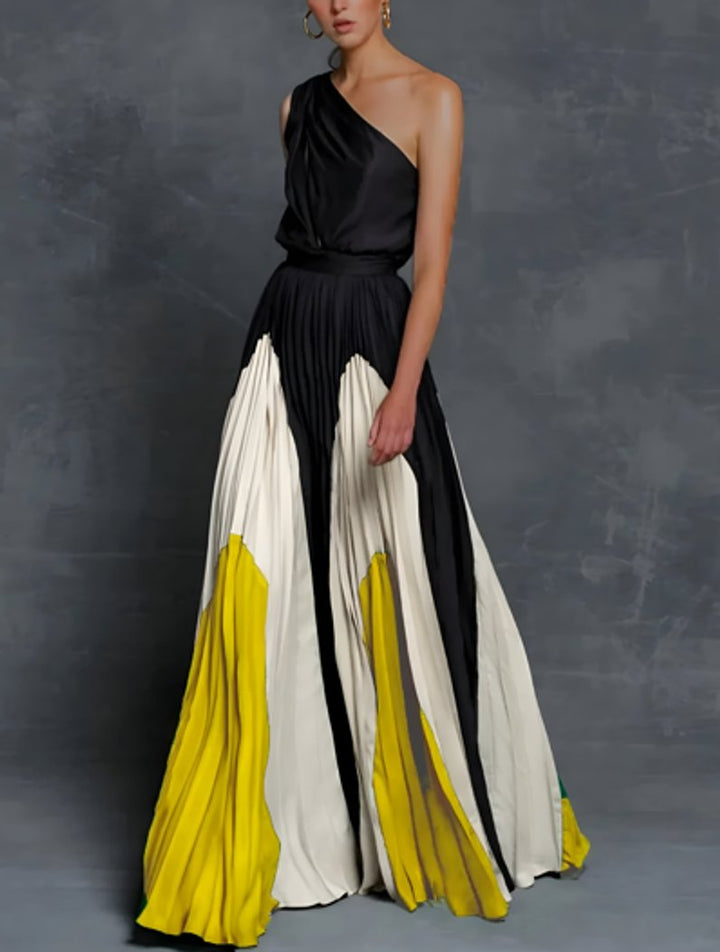 Women's One-Shoulder Pleated Colour-Block Maxi Bride Dress
