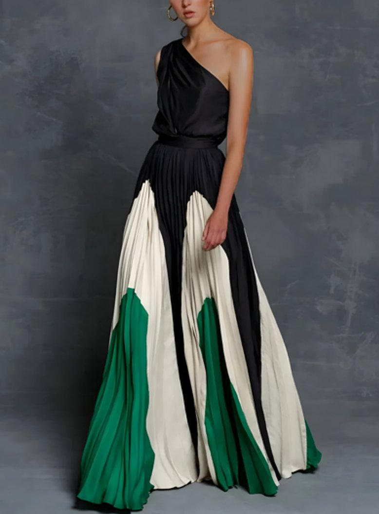 Women's One-Shoulder Pleated Colour-Block Maxi Bride Dress