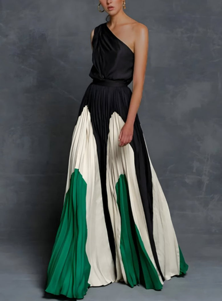 Women's One-Shoulder Pleated Colour-Block Maxi Bride Dress