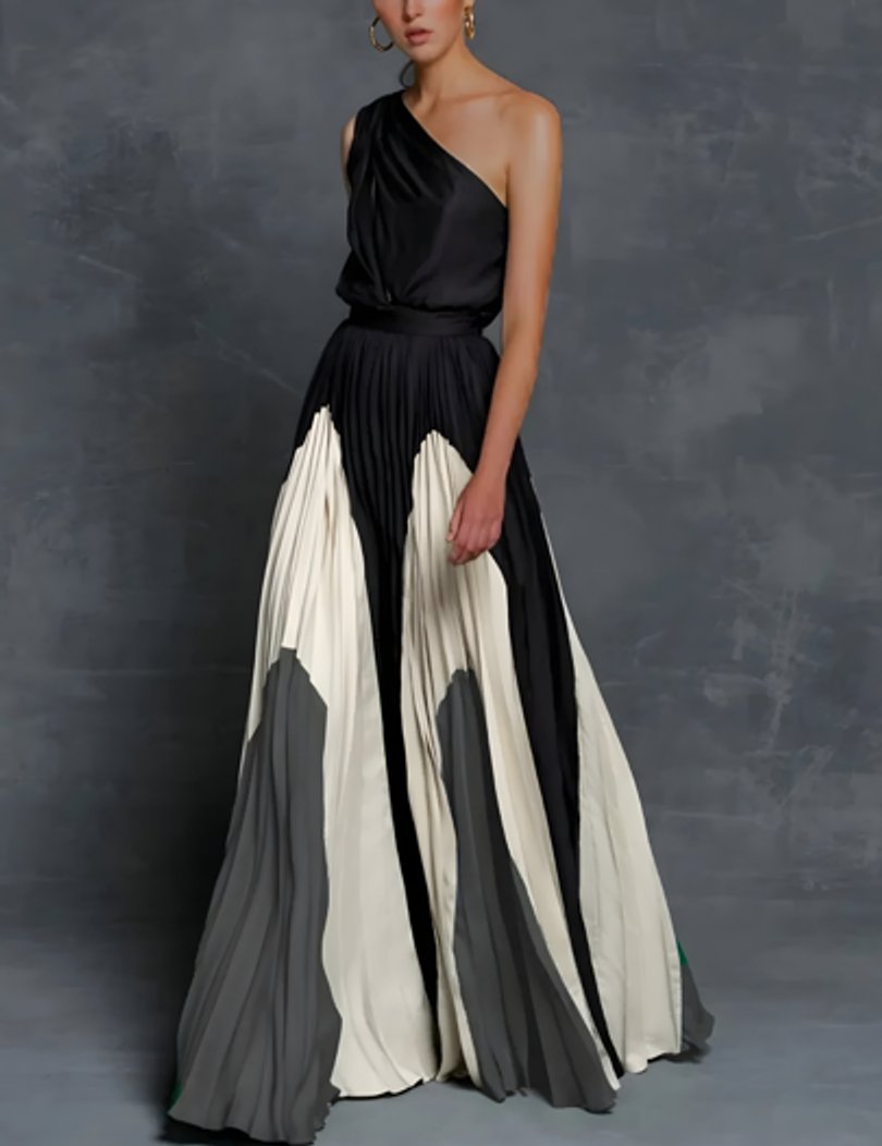 Women's One-Shoulder Pleated Colour-Block Maxi Bride Dress