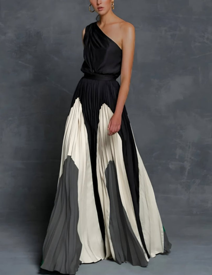 Women's One-Shoulder Pleated Colour-Block Maxi Bride Dress