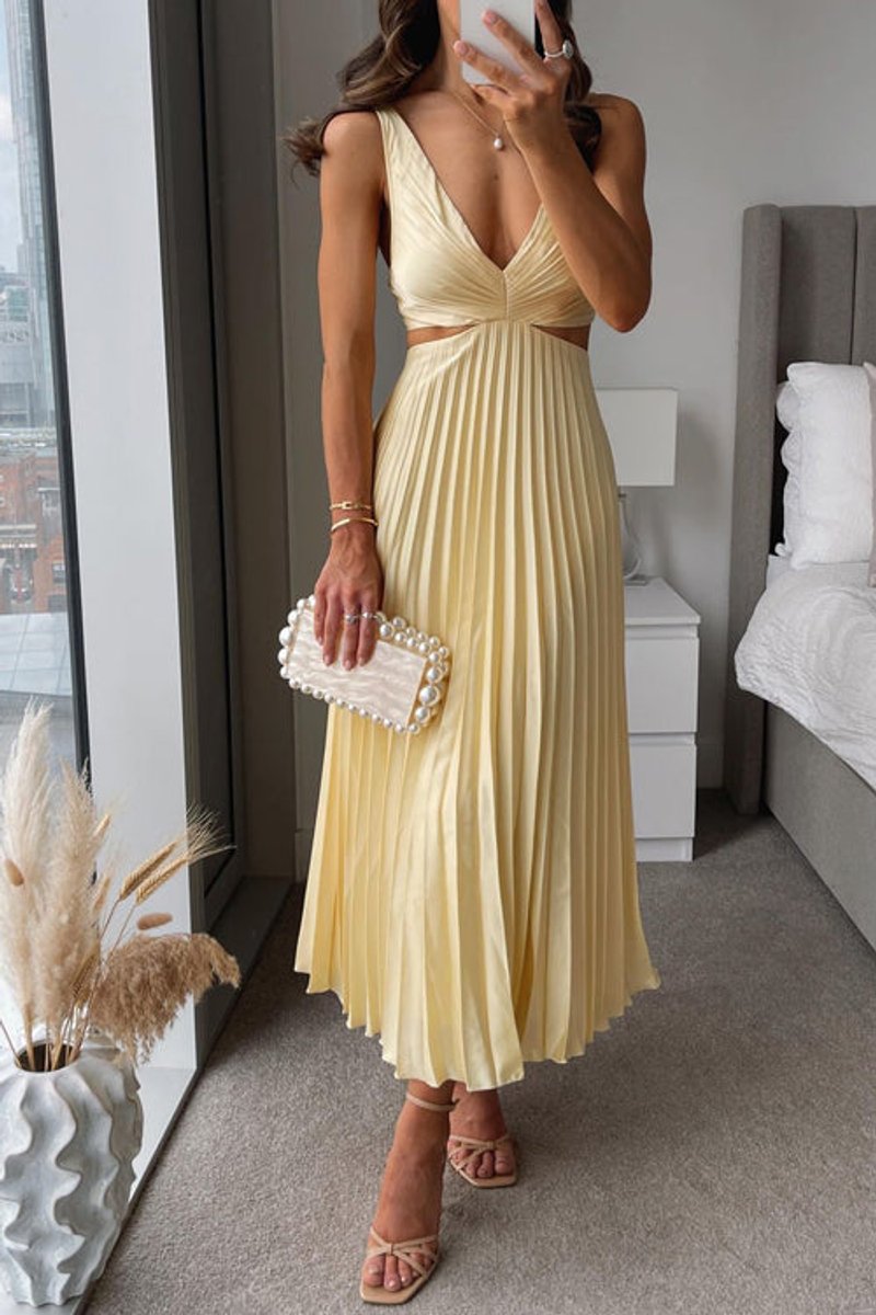Women's Pleated Cut-Out V-Neck Bride Dress Maxi Gown - Yellow