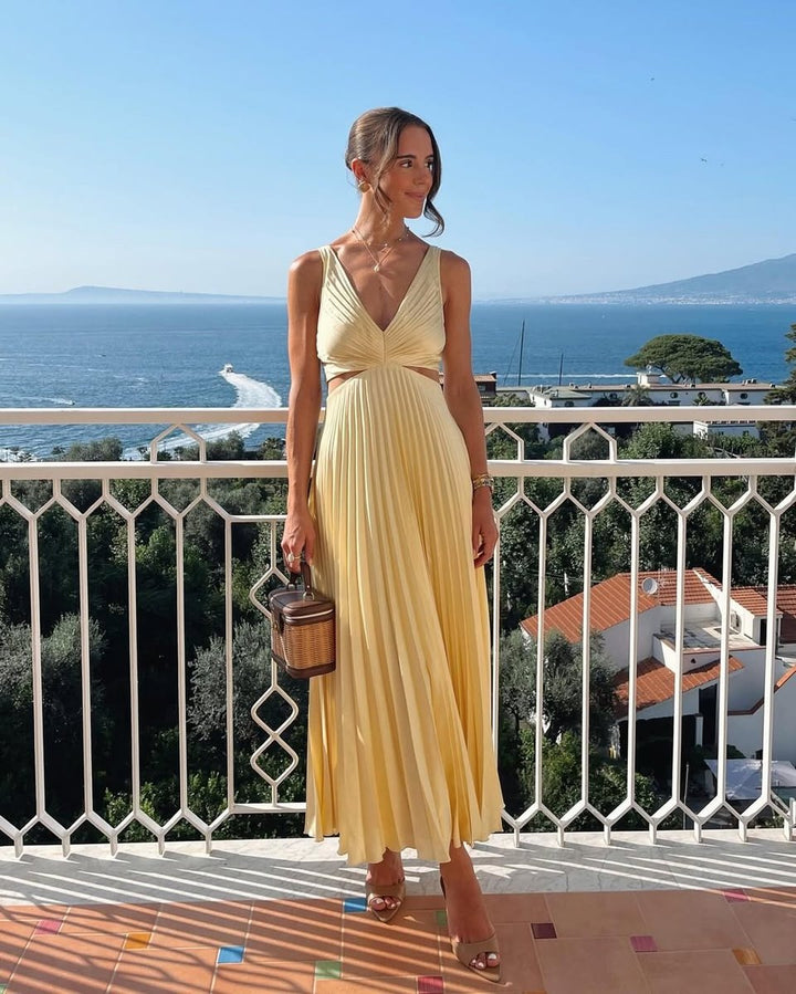 Women's Pleated Cut-Out V-Neck Bride Dress Maxi Gown