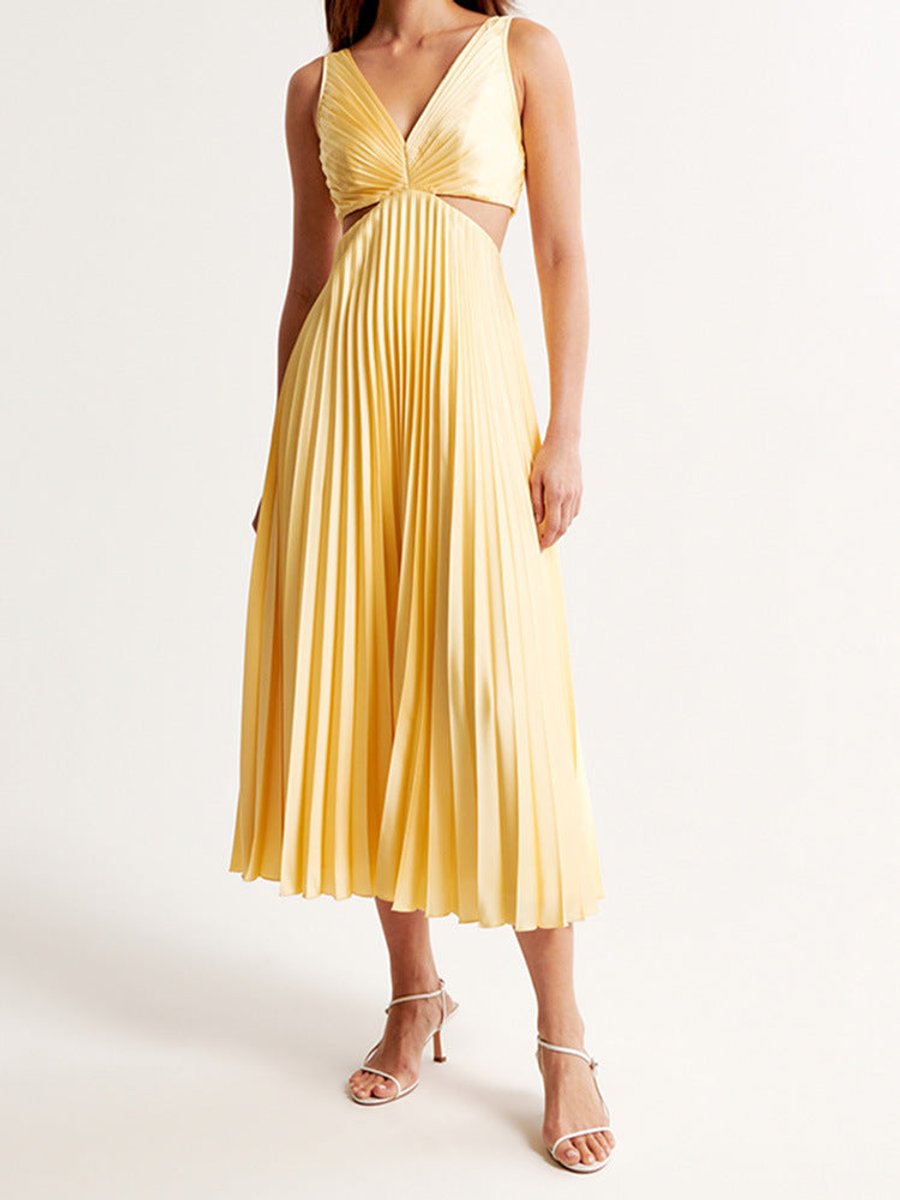 Women's Pleated Cut-Out V-Neck Bride Dress Maxi Gown