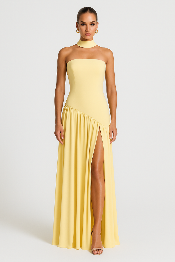 Jacqueline | Damen Stilvolles Trägerloses Schlitz Maxi Kleid