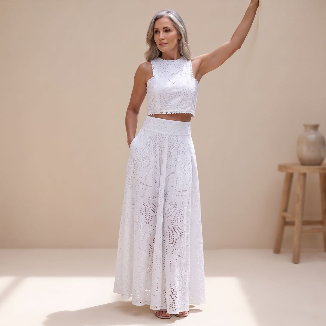 Zweiteiler Damen Elegant Besticktes Crop-Top Maxi-Rock Set