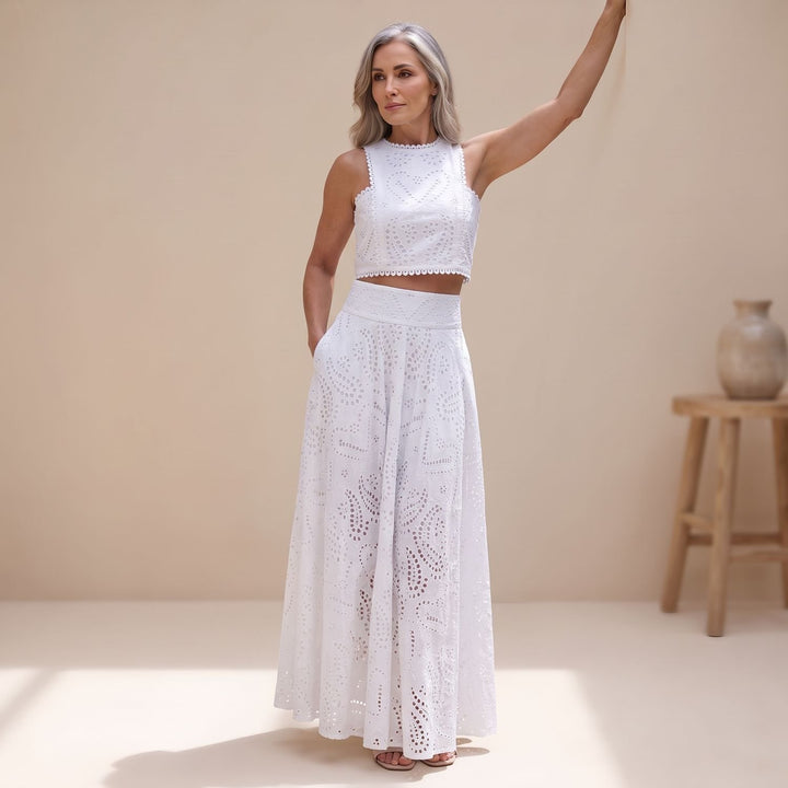 Zweiteiler Damen Elegant Besticktes Crop-Top Maxi-Rock Set
