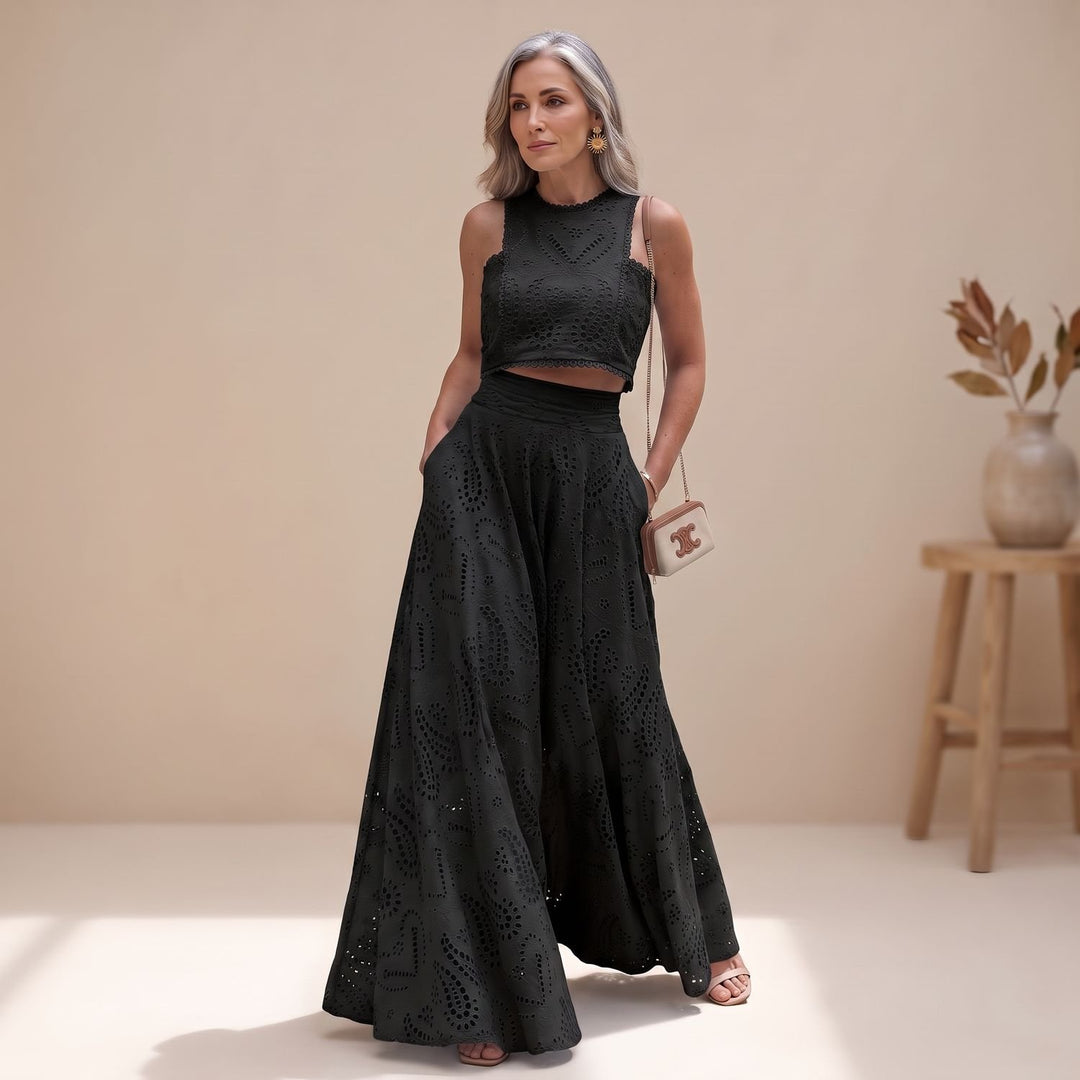 Zweiteiler Damen Elegant Besticktes Crop-Top Maxi-Rock Set