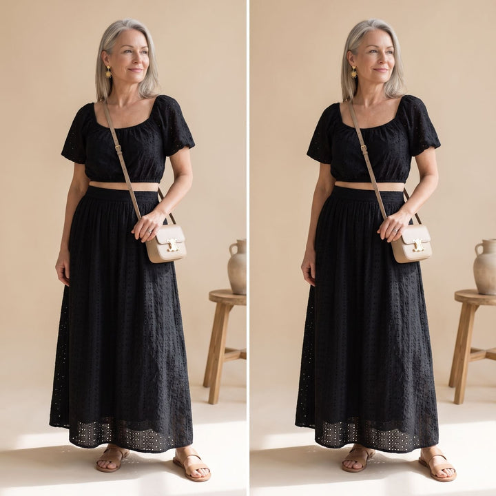 Zweiteiler Damen Elegant Besticktes Crop-Top Maxi-Rock Set - Schwarz