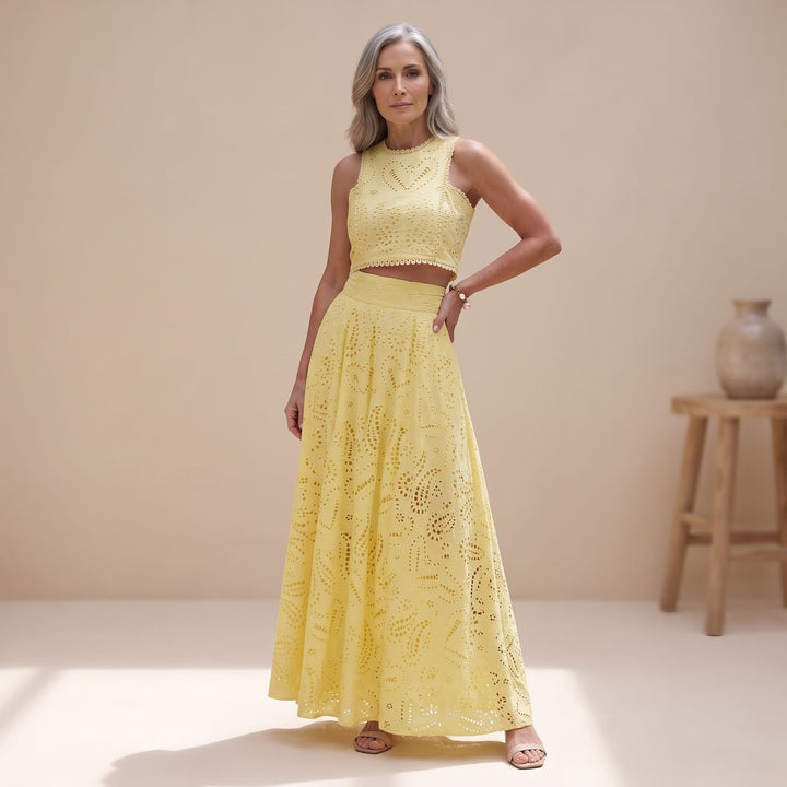Zweiteiler Damen Elegant Besticktes Crop-Top Maxi-Rock Set - Gelb