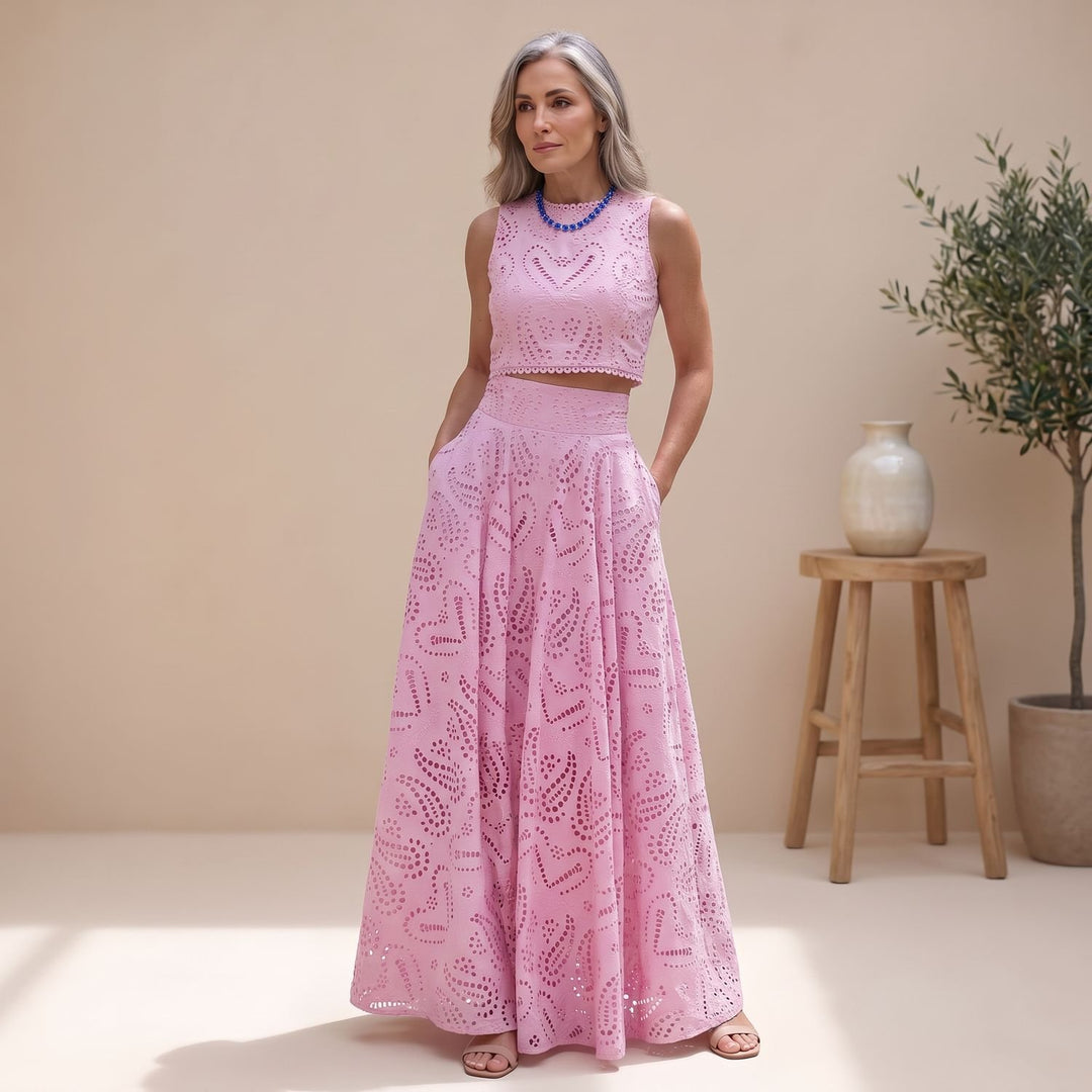 Zweiteiler Damen Elegant Besticktes Crop-Top Maxi-Rock Set - Rosa