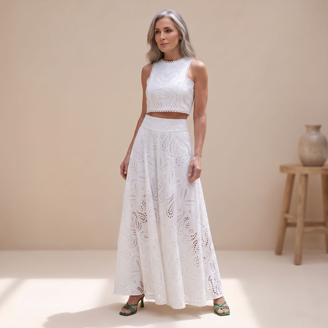 Zweiteiler Damen Elegant Besticktes Crop-Top Maxi-Rock Set - Weiß