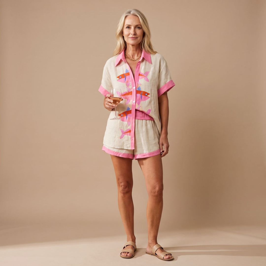 Zweiteiler Damen Leinenhemd und Shorts mit Fisch-Print